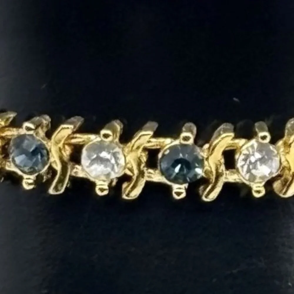 Vintage Gold Tone Metal and Faux Sapphire Faux Diamond Tennis Style Bracelet 80s - Picture 4 of 13